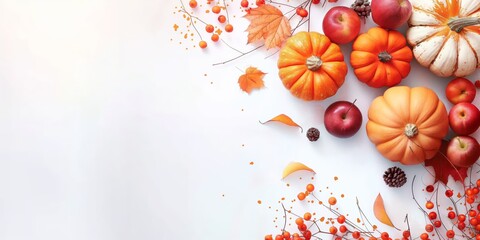 Vibrant pumpkins and apples are artistically arranged on a clean, light background with decorative autumn elements, perfect for seasonal and festive themes.