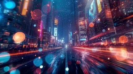 Obraz premium Design a dynamic advertising background featuring a futuristic cityscape enhanced with augmented reality elements. Include interactive digital components like floating ads and holographic interfaces