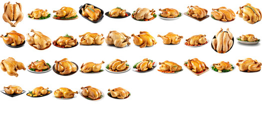 cooked chicken on a plate collage. Set of illustrations with no background with a transparent layer.