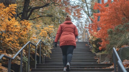 obese person climbing stairs