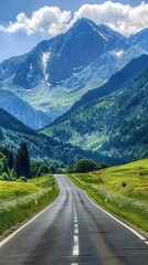Naklejka premium Empty highway in the middle of blooming meadows, steep mountain peaks in the background, clear sunny day, bright rays, incredible nature