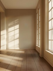 Obraz premium A spacious empty room with a wooden floor and soft sunlight casting shadows on beige walls