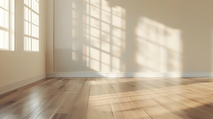 Fototapeta premium A spacious empty room with a wooden floor and soft sunlight casting shadows on beige walls