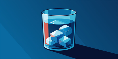 A minimalist illustration of a glass of water filled with ice cubes. The glass is depicted against a simple blue background, emphasizing the clarity and refreshing quality of the water and ice