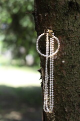 Zestaw luksusowych pereł. Bransoletka i naszyjnik z pereł oraz prawdziwego złota. Biżuteria prezentuje się na drzewie z lasem w tle