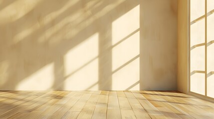 Obraz premium A spacious empty room with a wooden floor and soft sunlight casting shadows on beige walls
