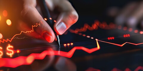 A hand uses a pen to draw a red chart on a futuristic digital interface, symbolizing the integration of technology with financial progress and innovative data analysis.