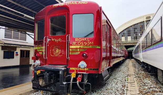 Refurbished Hamanasu passenger cars into "SRT Royal Blossom" tourist train at Hua Lamphong station in Thai capital Bangkok