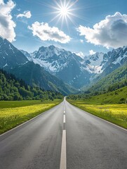Naklejka premium Empty highway in the middle of flowering meadows, steep mountain peaks in the background, clear sunny day, bright rays, incredible nature