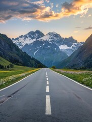 Empty highway in the middle of flowering meadows, steep mountain peaks in the background, sky illuminated by sunset rays, incredible nature