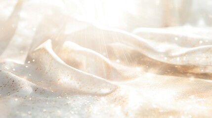 A close-up view of light, soft fabric with golden sparkles and gentle folds. Blurred background with sunlight and soft bokeh.