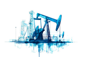 Oil pump against the background of oil rigs, illustration