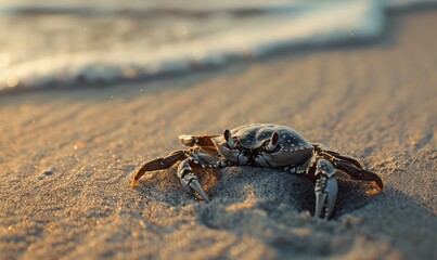 Fototapeta premium Closeup of crab on the beach at golden hour