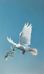 Obraz premium White dove carrying olive branch flying against blue sky