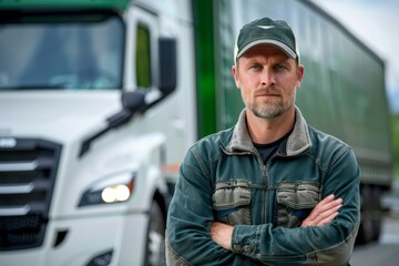 Fototapeta premium Portrait of a happy truck driver standing with his arms crossed in front of his white lorry and looking at the camera, wearing casual work clothing