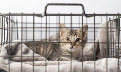 Cute cat in cage on white background