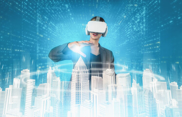 Caucasian architect wearing VR headsets and designing building construction. Professional civil engineer working and planning about house structure by using visual reality simulation. Contraption.