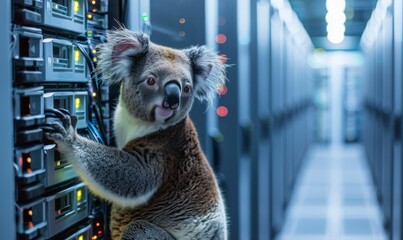 koala working in server room with hightech computers