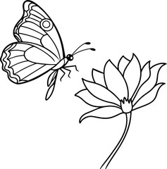 black and white flower with butterfly isolated on white background