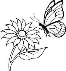 black and white flower with butterfly isolated on white background