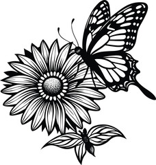 black and white flower with butterfly isolated on white background