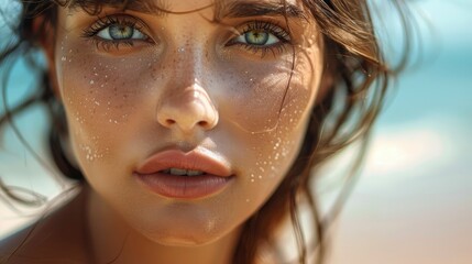 Exquisite sensual female model with beautiful big eyes and plump lips on the beach, half body photo, space for text