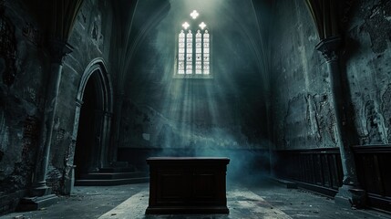 Dark empty display podium in empty gothic room.