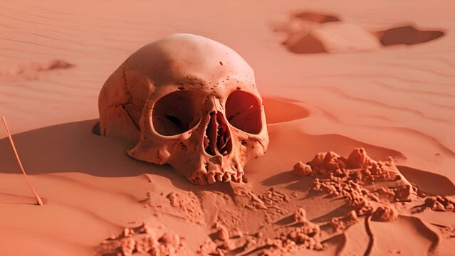 Human Skull Partially Buried in Desert Sand with Ai generated.

