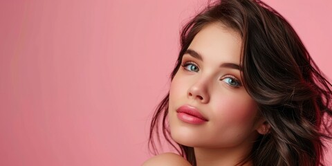 Fototapeta premium Young pretty woman with sensual facial features looks in front of her on a solid color background, half body photo, space for text