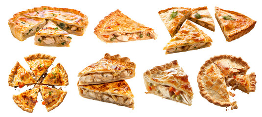 Set of classic tradition meat Chicken Pot Pie tart tartlet pastry dessert, on transparent cutout, PNG file. Many assorted different angles, stack, broken, slice, pile. Mockup template for artwork