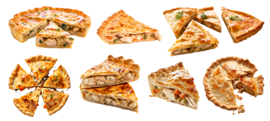 Set of classic tradition meat Chicken Pot Pie tart tartlet pastry dessert, on transparent cutout, PNG file. Many assorted different angles, stack, broken, slice, pile. Mockup template for artwork