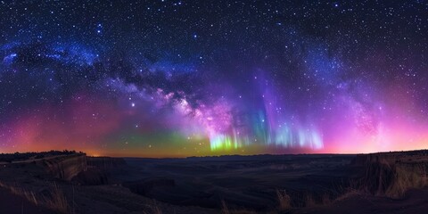 Long exposure photo of fantastic aurora borealis in night sky full of bright stars, beautiful landscape