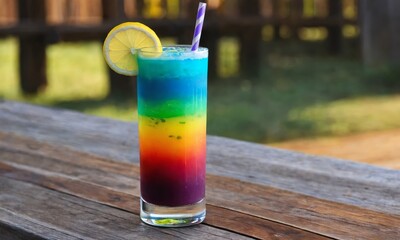Rainbow layered cocktail with lemon garnish on wooden table
