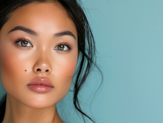 Fototapeta premium Pretty asian woman with sensual facial features looks in front of her on a solid color background, half body photo, space for text