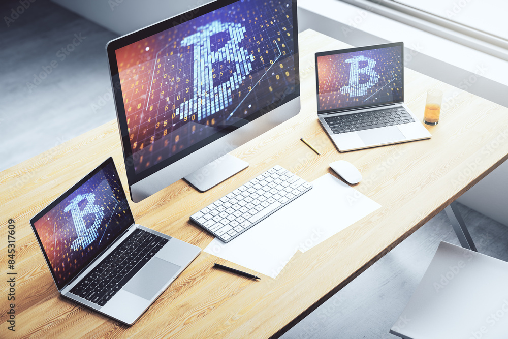 Poster creative bitcoin concept on modern laptop screen. 3d rendering