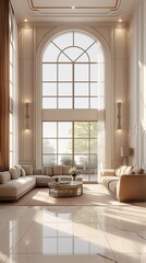 A Vertical Image Of A Modern Living Room With An Arch Window View.
