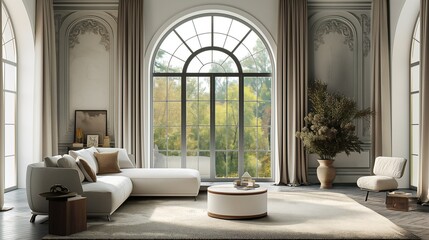 A bright and airy living room with a white couch, plants, and the arch window overlooking a view. 