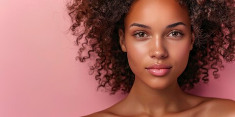 Fototapeta premium Pretty brazilian woman with sensual facial features looks in front of her on a solid color background, half body photo, space for text