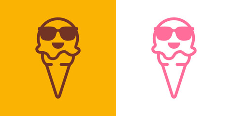 Logo ice cream. Siluera de bola de helado con líneas con gafas de sol en cono de waffle sabores fresa y chocolate