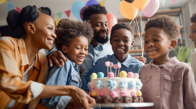 A family is gathered around a birthday cake, with a woman cutting it. The children are smiling and enjoying the celebration