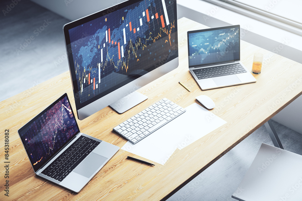 Poster abstract creative financial graph with world map on modern laptop screen, forex and investment conce