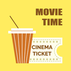 Movie time banner, poster. Soda and cinema ticket. Retro vector illustration