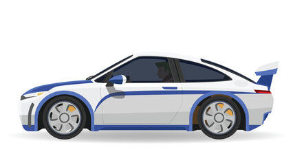 Fototapeta premium Concept vector illustration of detailed side of a flat sports car with driving man inside car. Car white and line blue color. with shadow of car on isolated white background.
