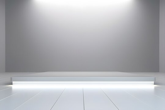 Modern empty rectangle stage illuminated by spotlights in a room with white wooden floor background