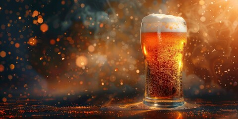 St. Patrick's Day, full glass of amber colored beer with foam on beautiful background, hdr colors, space for text, banner