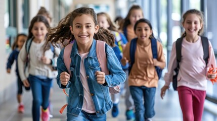 Obraz premium A happy diverse school children running in school corridor.
