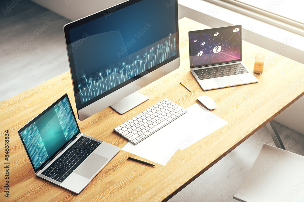 Poster Creative concept of microscheme illustration on modern laptop screen. Big data and database concept. 3D Rendering