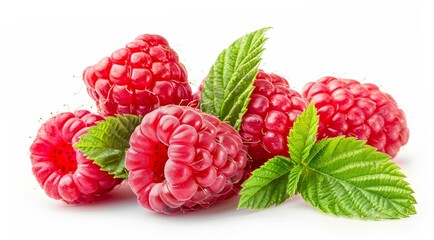 Fresh red raspberries and green leaves in a crisp high-quality image. Ideal for food photography and healthy eating concepts. This close-up of vibrant fruit captures a natural and refreshing style. AI