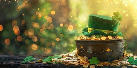 St. Patrick's Day, pot of gold and green hat on beautiful background, hdr colors, bright picture, space for text, banner