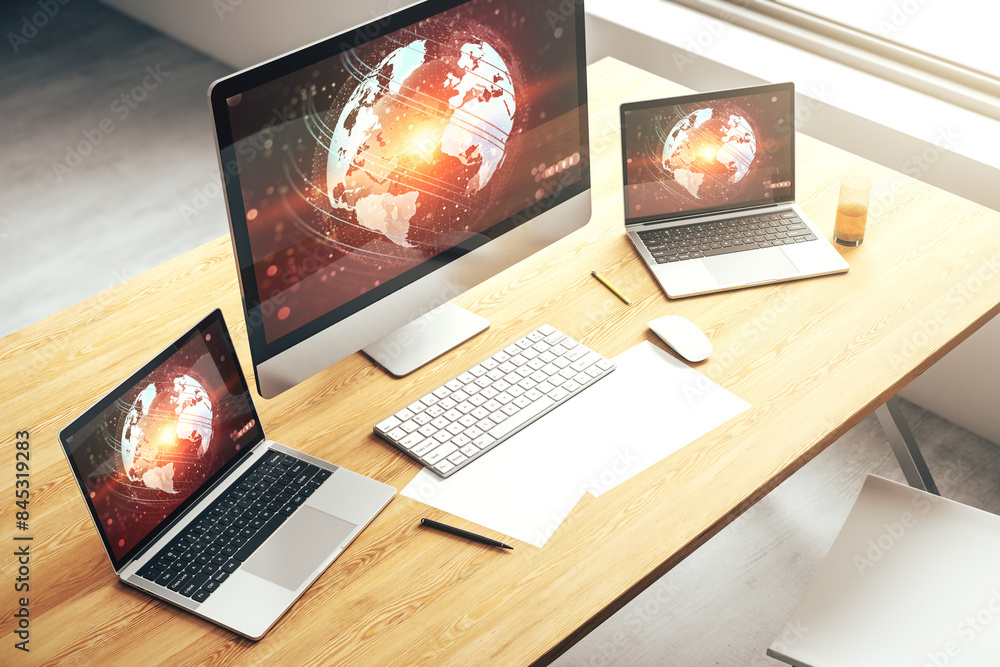 Aufkleber abstract graphic world map on modern laptop screen, connection and communication concept. 3d renderi